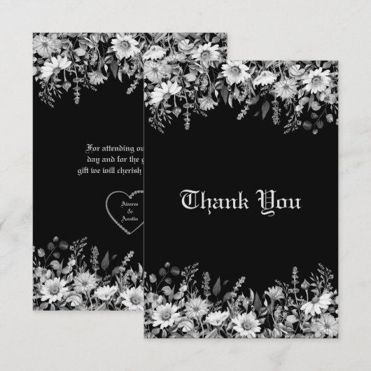 Carte De Remerciements Mariage floral noir et blanc (Devant / Derrière)