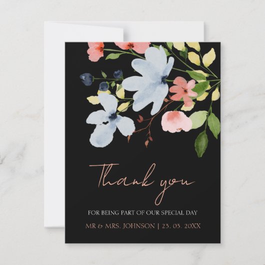 Carte De Remerciements Mariage floral noir et rose simple Boho (Devant)