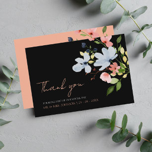Carte De Remerciements Mariage floral noir et rose simple Boho