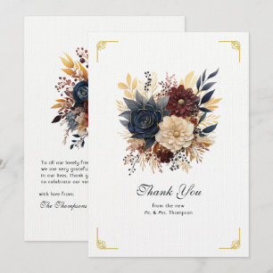 Carte De Remerciements Mariage floral or, bleu marine et bordeaux