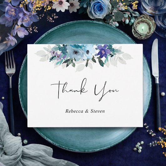 Carte De Remerciements Mariage floral printemps élégant poussiéreux bleu 