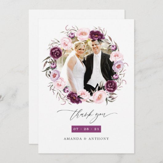 Carte De Remerciements Mariage floral rose et velours profond (Devant / Derrière)