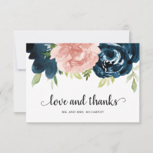 Carte De Remerciements Mariage Floral Rose Pâle et Bleu Marine Élégant