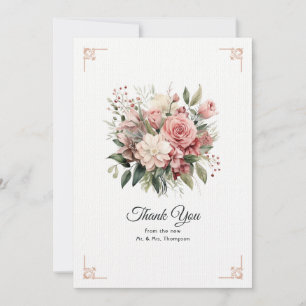 Carte De Remerciements Mariage floral Rose Poussiéreuse, Vert Menthe et B