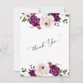 Carte De Remerciements Mariage floral rose rose rose prune moderne (Devant)