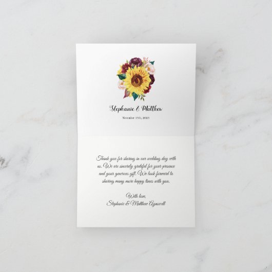 Carte De Remerciements Mariage floral rustique en bois de tournesol (Intérieur)