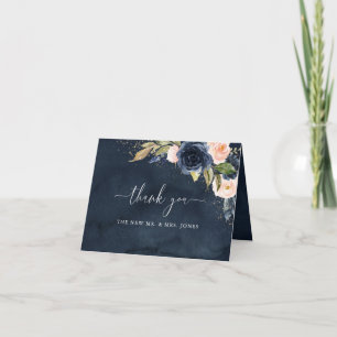Carte De Remerciements Mariage floral scintillant de la marine dorée