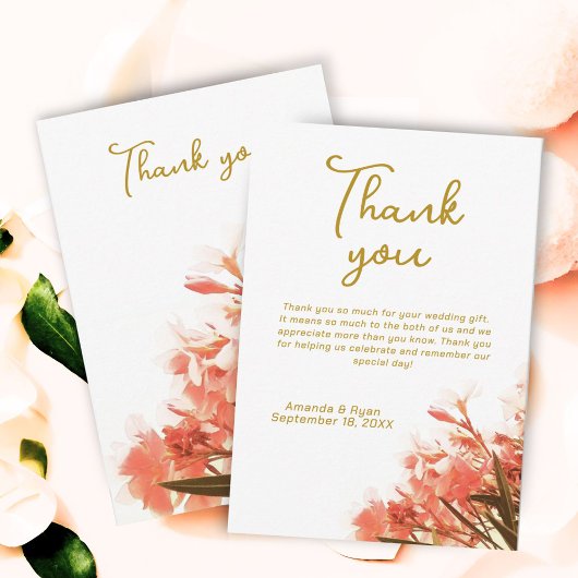 Carte De Remerciements Mariage Floral Script Fleurs d'Oléandre Orange