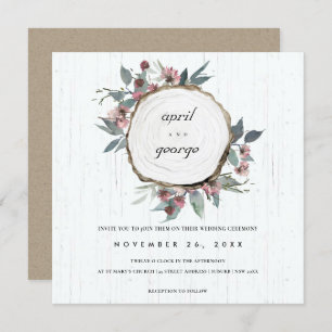 CARTE DE REMERCIEMENTS MARIAGE FLORAL VERT ROSE EN BOIS RUSTIQUE INVITER