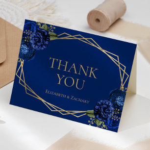 Carte De Remerciements Mariage géométrique floral bleu royal or