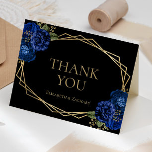 Carte De Remerciements Mariage Géométrique Noir Fleurs Bleu Royal Or