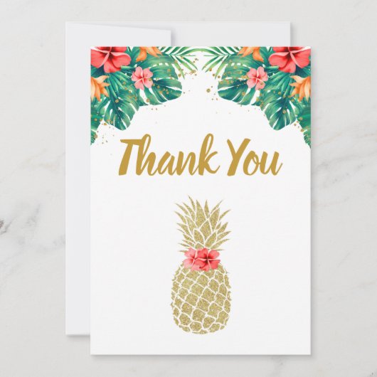 Carte De Remerciements Mariage Glitter Rose Fleurs Dorées Ananas (Devant)