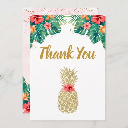 Carte De Remerciements Mariage Gold Pineapple Pailleté Floral Rose (Devant / Derrière)