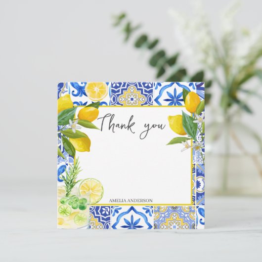 Carte De Remerciements Mariage Lemon Fleur d'amour carreaux bleus  (Debout devant)