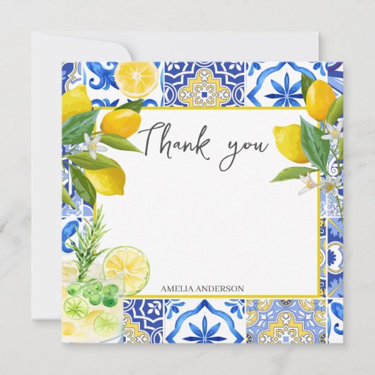 Carte De Remerciements Mariage Lemon Fleur d'amour carreaux bleus  (Devant)