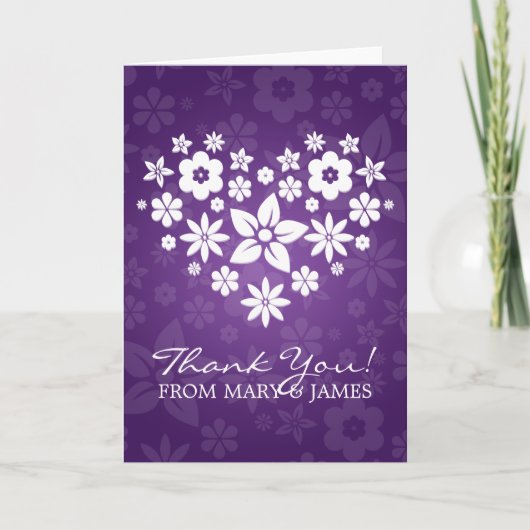 Carte De Remerciements Mariage "Merci" Cœur Fleuri Violet (Devant)