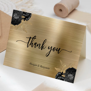 Carte De Remerciements Mariage Métal Brossé Fleurs Noires et Or