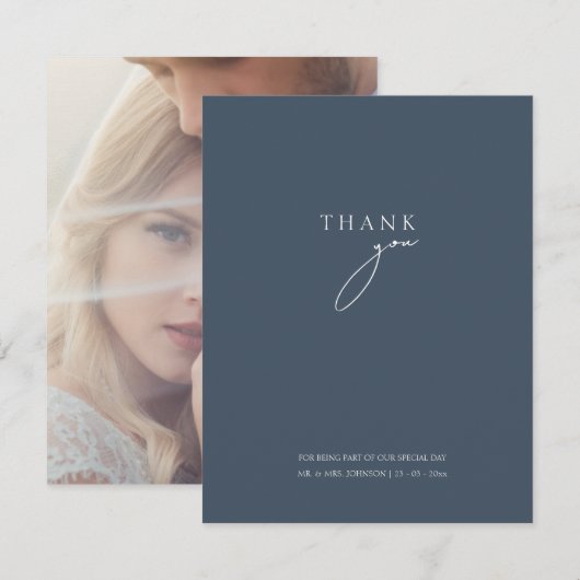 Carte De Remerciements Mariage Minimal Élégant Bleu Ardoise Script (Devant / Derrière)