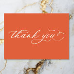 Carte De Remerciements Mariage minimaliste moderne Sunset Orange Script<br><div class="desc">Notre belle carte de remerciements de mariage orange coucher de soleil est l'exemple de la sophistication moderne. Évoquez les couleurs du coucher de soleil avec ce design magnifique. La lueur réchauffante de l'orange du coucher du soleil crée un impact visuel frappant. Le verso contient votre message et vos noms. Ce...</div>