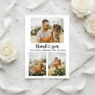 Carte De Remerciements Mariage Moderne à Trois Photos Collage Cœur Script