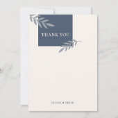 Carte De Remerciements Mariage moderne avec feuilles bleues échantillon v (Devant)