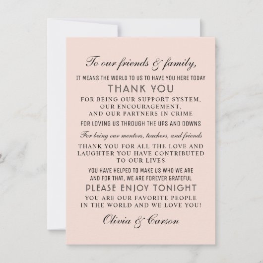 Carte De Remerciements Mariage moderne Blush et Script noir (Devant)