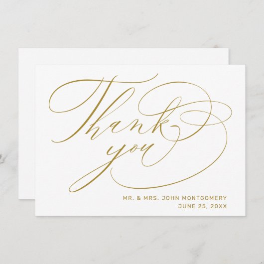Carte De Remerciements Mariage Moderne Élégant en Or Blanc avec Écriture (Devant / Derrière)