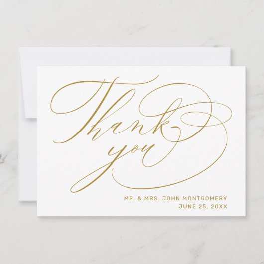 Carte De Remerciements Mariage Moderne Élégant en Or Blanc Script (Devant)