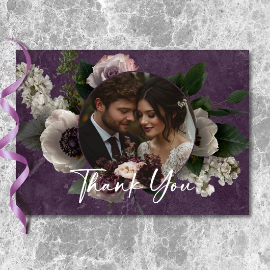 Carte De Remerciements Mariage Moderne Élégant Floral Violet Prune Photo