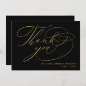 Carte De Remerciements Mariage Moderne Élégant Noir Or Script (Devant / Derrière)