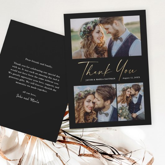 Carte De Remerciements Mariage Moderne Photo Script 3 Or