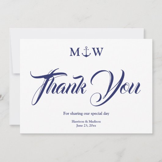 Carte de remerciements Mariage monogramme bleu mar (Devant)