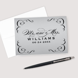 Carte De Remerciements Mariage Monogramme Calligraphique Noir Argent Vint