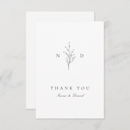 Carte De Remerciements Mariage monogramme feuille d'élégance simple (Devant / Derrière)