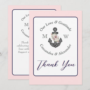 Carte De Remerciements Mariage nautique Floral Ancre Marine bleu et rose