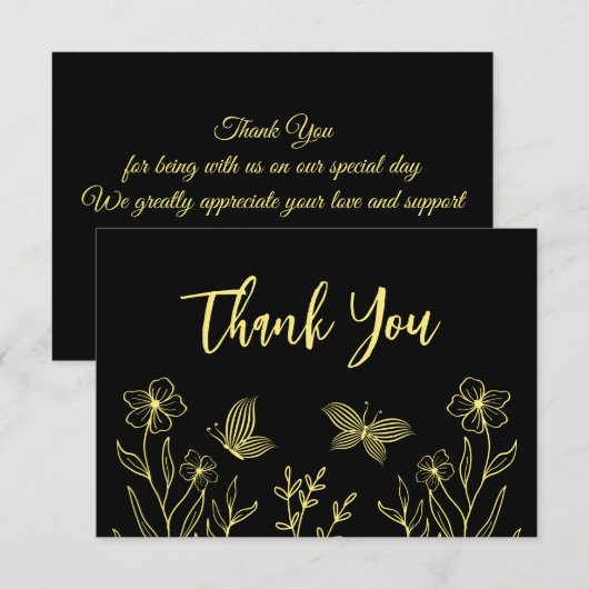Carte De Remerciements Mariage noir fleur d'or simple (Devant / Derrière)