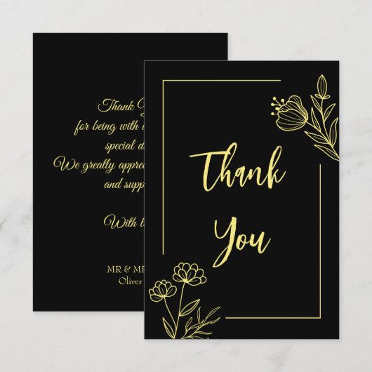Carte De Remerciements Mariage noir fleur d'or simple (Devant / Derrière)