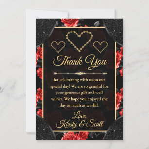 Carte De Remerciements Mariage Noir & Rose Rouge Motif & Diamants Dorés