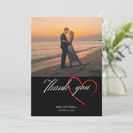 Carte De Remerciements Mariage noir simple 1 photo élégant script (Debout devant)