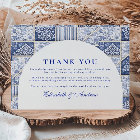 Carte De Remerciements Mariage Patchwork Toile Bleu de Delft