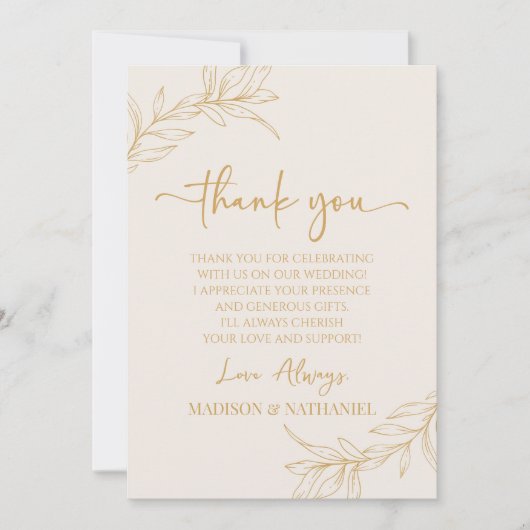 Carte De Remerciements Mariage personnalisé avec feuille de branche minim (Devant)