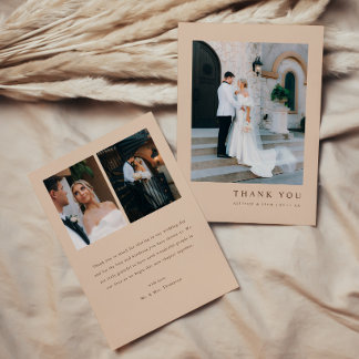 Carte De Remerciements Mariage Personnalisé Élégant Moderne Beige 3-Photo