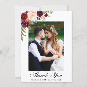 Carte De Remerciements Mariage photo aquarelle Floral Bourgogne