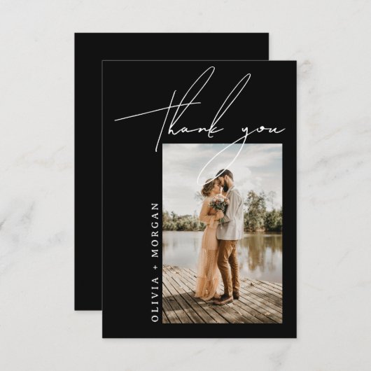 Carte De Remerciements Mariage photo Black Elegant Script Typographie (Devant / Derrière)