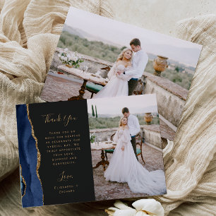 Carte De Remerciements Mariage Photo Bleu Nuit Agate Or Script
