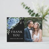 Carte De Remerciements Mariage photo Blue Hydrangea Lantern Black Boho (Debout devant)