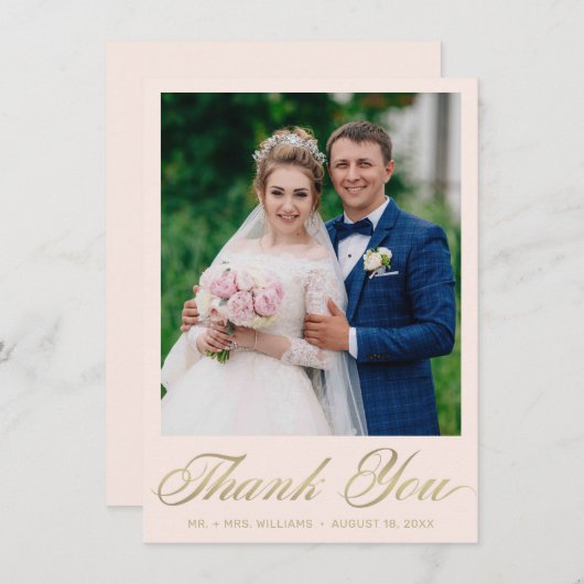 Carte De Remerciements Mariage Photo Blush Elegant Gold Script (Devant / Derrière)