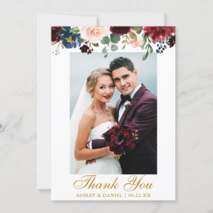 Carte De Remerciements Mariage Photo Burgundy Bleu Aquarelle Or Floral