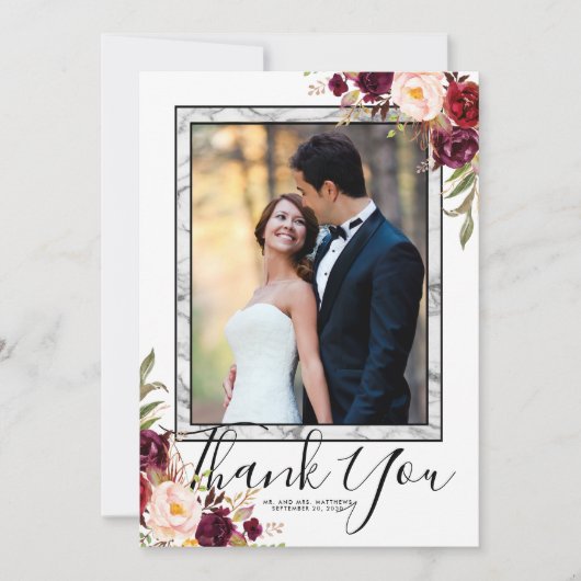 Carte De Remerciements Mariage photo Burgundy Floral Grey Marble Script (Devant)