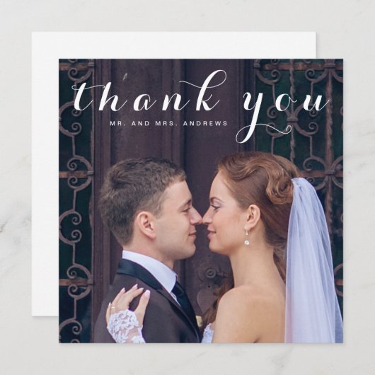 Carte De Remerciements Mariage photo Carré simple Script élégant (Devant / Derrière)